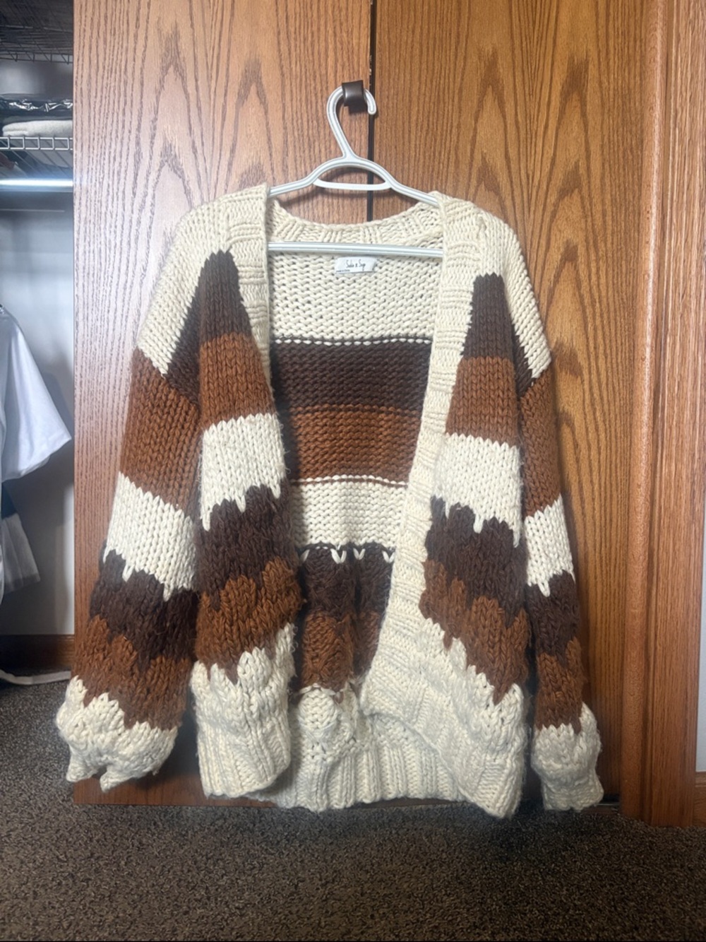 Sadie & Sage Chunky Open-Front Cardigan in Cream, Brown & Tan